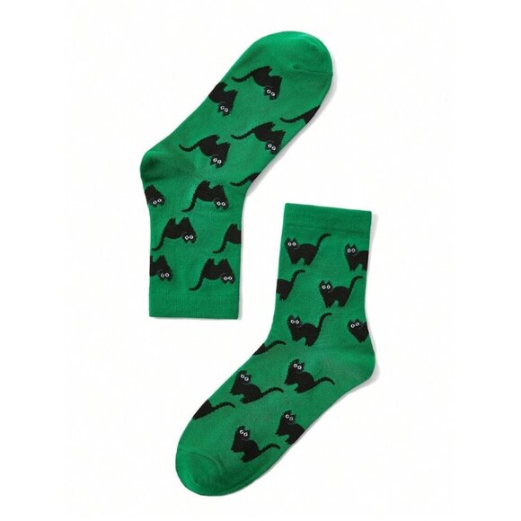 Flacwind Artist Dark Cute Black Cat Pattern Kawaii Jacquard Mid-Calf Socks - Picture 2 of 3